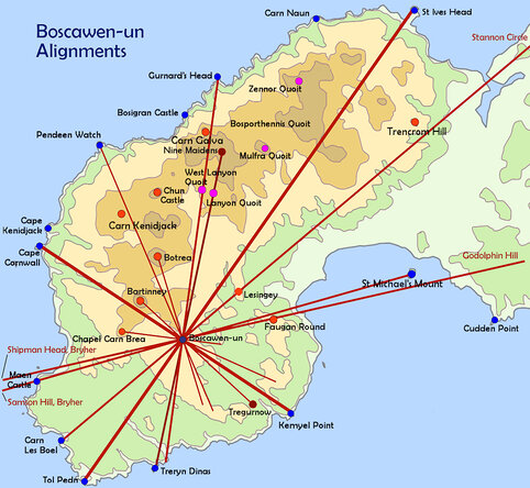 Backbones emanating from Boscawen-ûn stone circle