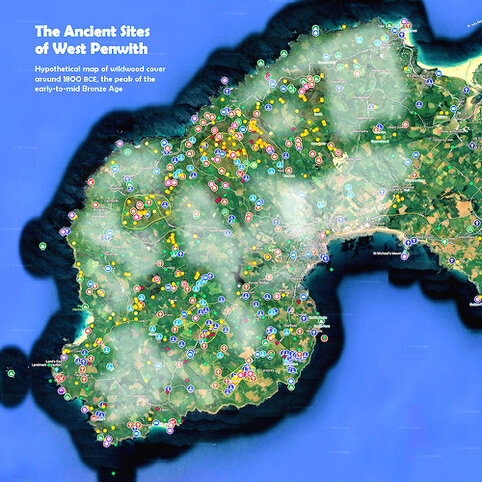 Conjectural map of wildwood areas in West Penwith in the mid-Bronze Age around 1800 BCE