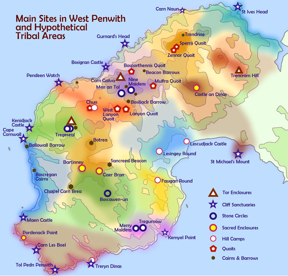 Conjectural map of landscape temples and clan areas in West Penwith